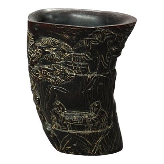 Asian Carved Libation Cup, Genre Scene with Men in Chess Game, Early 20th Century For Sale