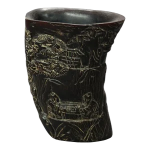 Asian Carved Libation Cup, Genre Scene with Men in Chess Game, Early 20th Century