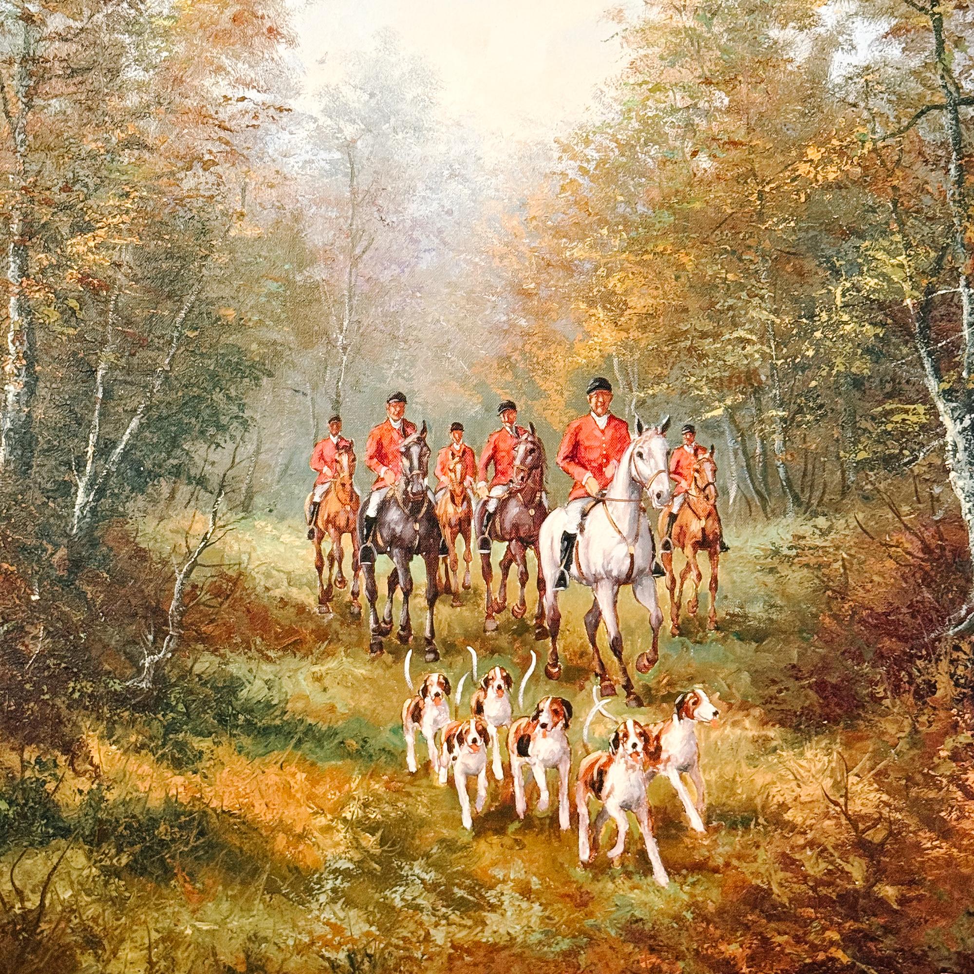 Vintage Large Scale English School Equestrian Fox Hunt Oil