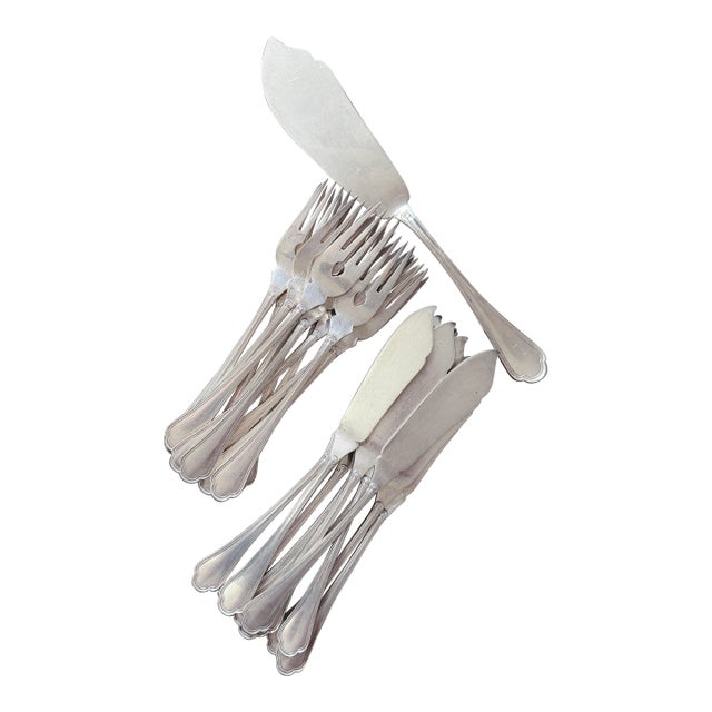 Antique Silver Plated Fish Service From Grand Hotel Ligure in Turin Italy - Set of 21 For Sale