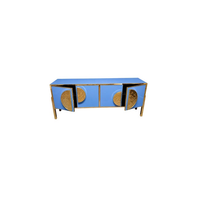 Wood Cornflower Blue Italian Sideboard in Murano Glass and Brass from Justfurnituress SRL For Sale - Image 7 of 10