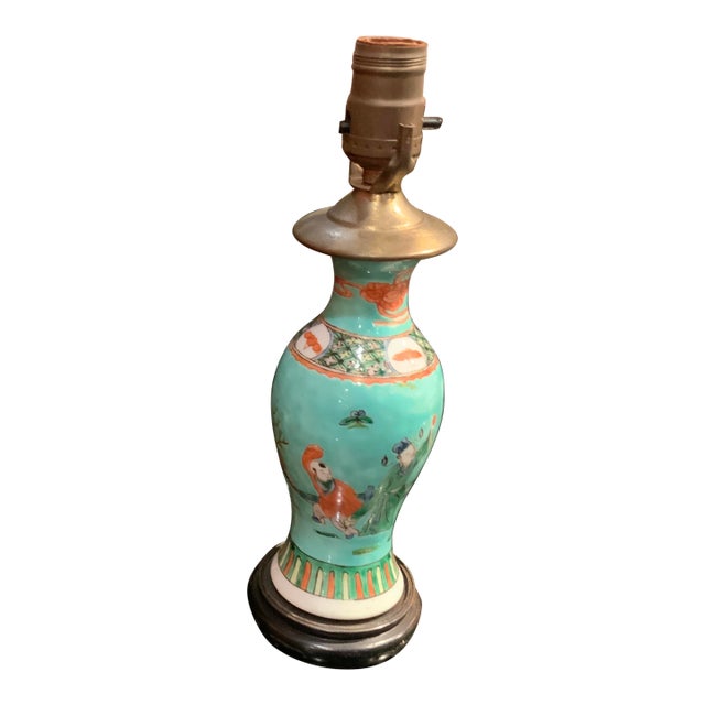 1930s Colorful Chinoiserie Porcelain Figural Petite Lamp (Shade Not Included) For Sale