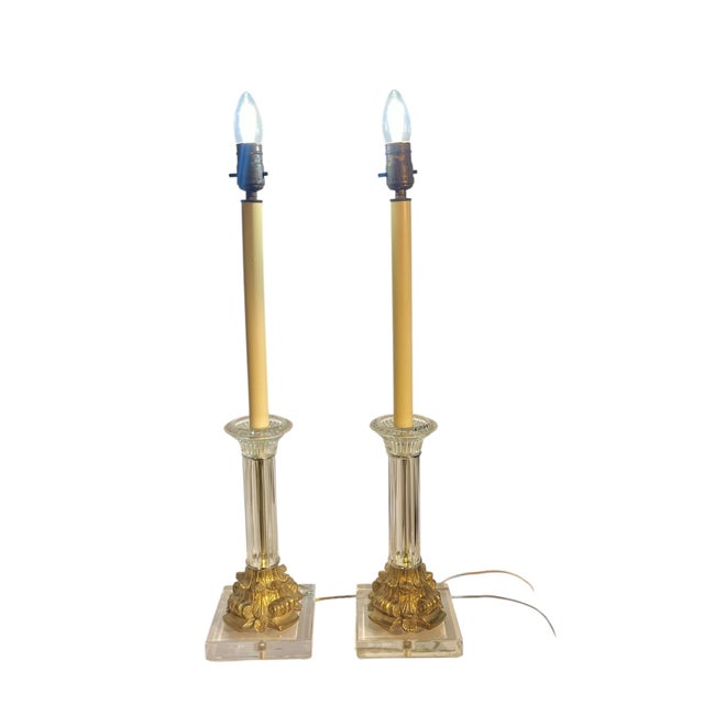 Contemporary Vintage Fluted Glass Corinthian Column Lamps With Lucite Bases - a Pair For Sale - Image 3 of 18