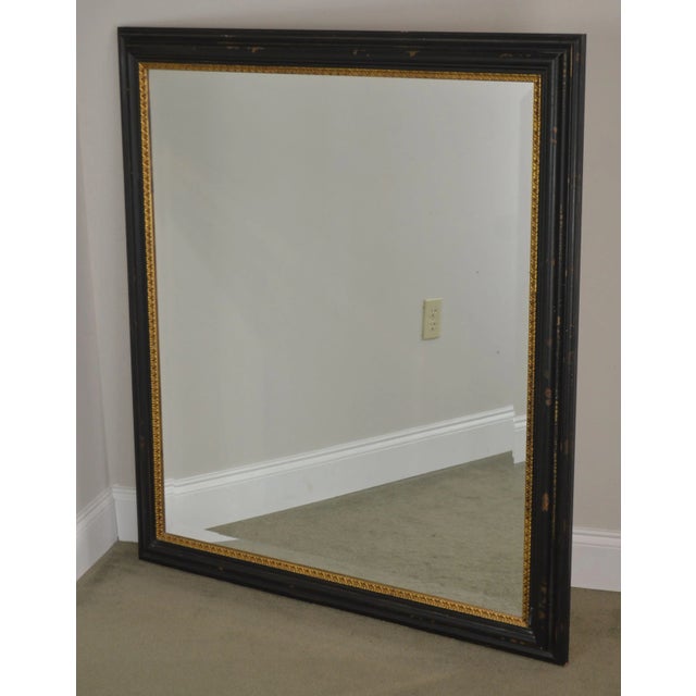 Regency Style Distressed Black & Gold Frame Rectangular Beveled Mirrors - a Pair For Sale - Image 4 of 13