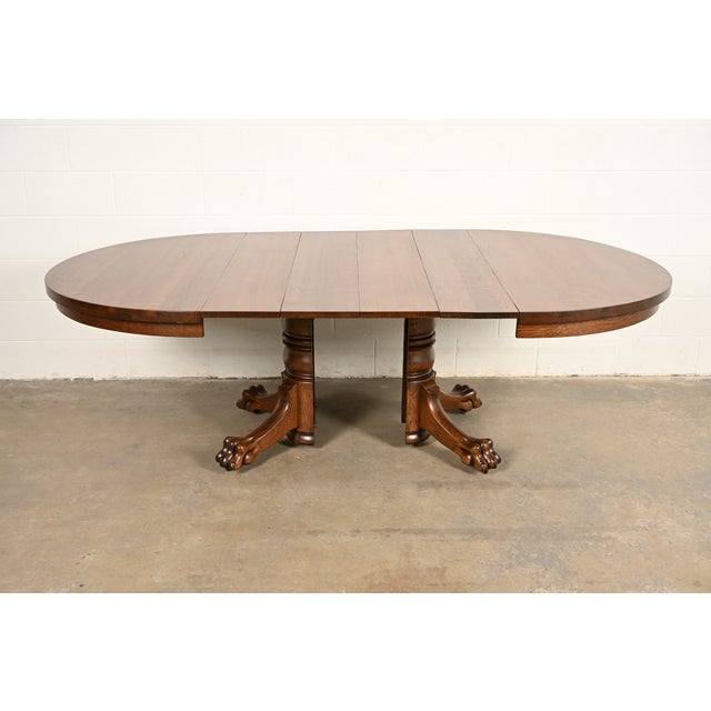 Wood R. J. Horner Style Antique Victorian Carved Oak Split Pedestal Extension Dining Table With Lion Paw Feet | Newly Refinished For Sale - Image 7 of 14