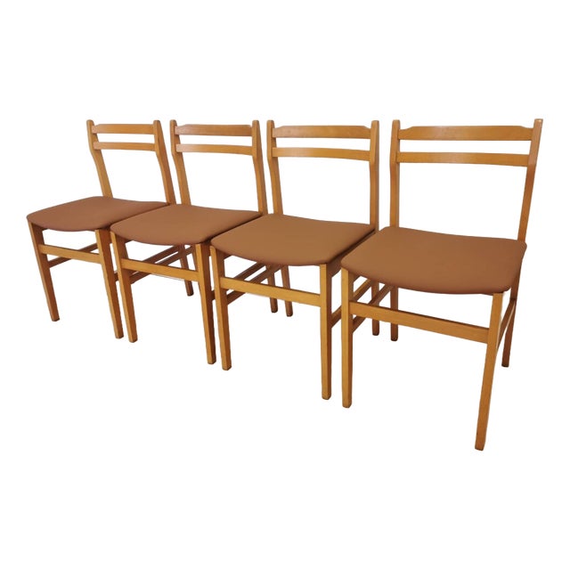 Vintage Scandinavian Dining Chairs in Wood and Brown Leather by Branko Ursic, 1970s, Set of 4 For Sale