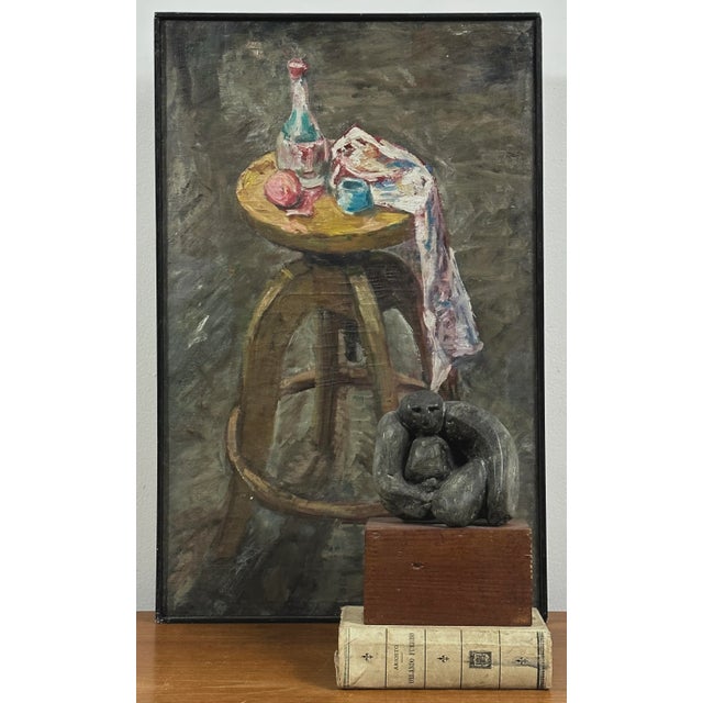 Anthony Ferrara (American, 1930-2012) - Still with Stool, Signed (1955, Oil on Canvas). Housed in a painted black slat...