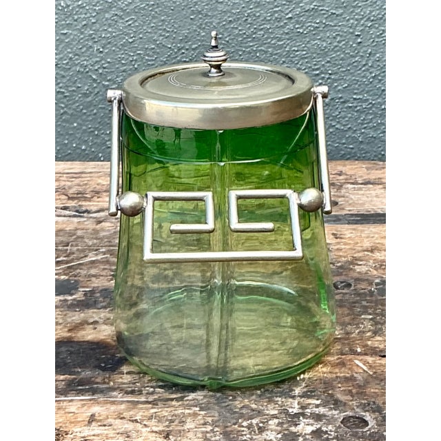 Mid-Century Modern Vintage Green Glass and Metal Ice Bucket For Sale - Image 3 of 12