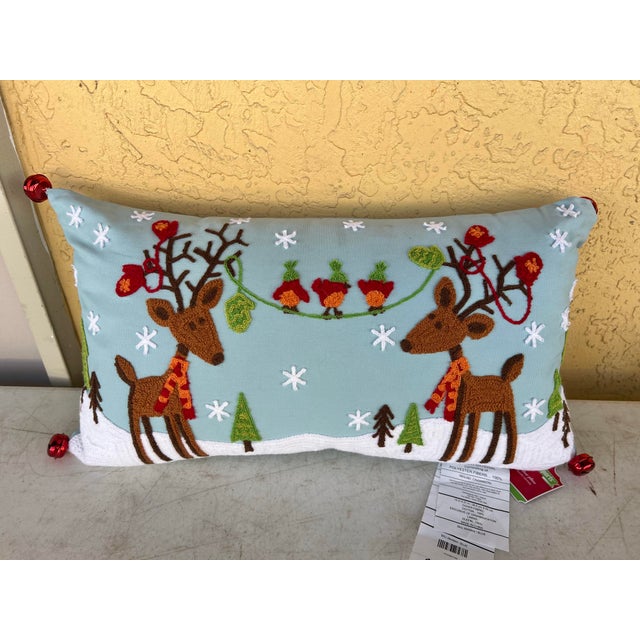 2010s Vintage Christmas Reindeer Pillow With Bells For Sale - Image 5 of 6