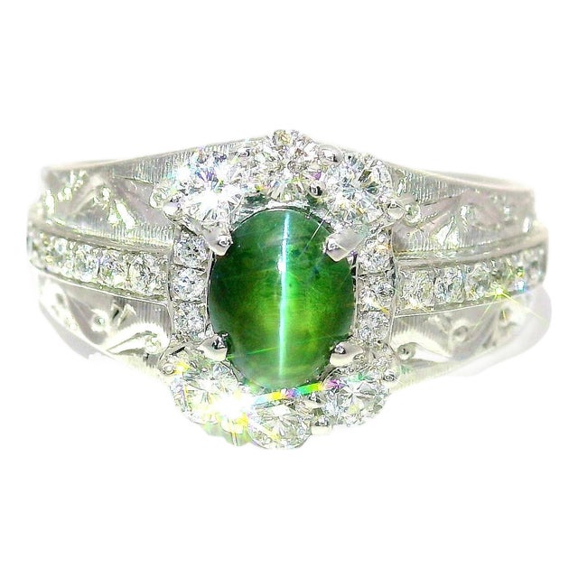 Cats-Eye Alexandrite Diamond 18k White Gold Ring, Size 6.75 For Sale