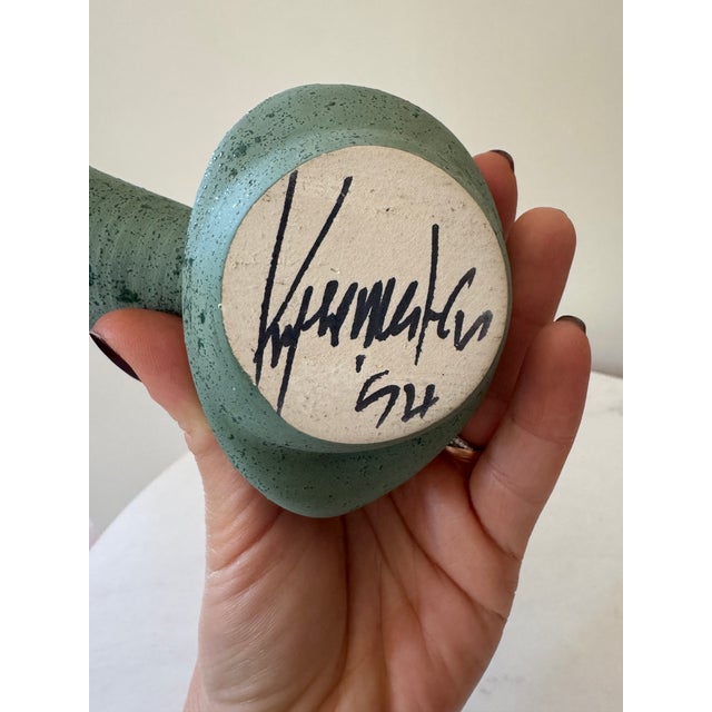Dark Green Signed 1954 Abstract Biomorphic Studio Ceramic Vase | Mid-Century Modern | Sculptural Art Pottery | Speckled Dark Green & Ivory Glaze | Dated & Signed For Sale - Image 8 of 8