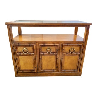 Vintage Faux Bamboo Rolling Console Table Cabinet For Sale