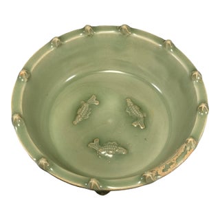 Antique Chinese Celadon Tripod Bowl With Interior Relief, Collectible Antique For Sale