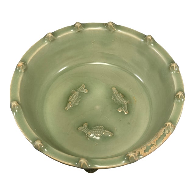 Antique Chinese Celadon Tripod Bowl With Interior Relief, Collectible Antique For Sale