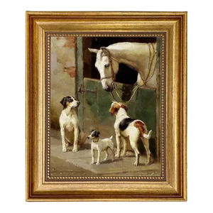 "Dog and Horse at Stable" Contemporary Reproduction Print on Canvas, Framed, 11.5 X 13.5