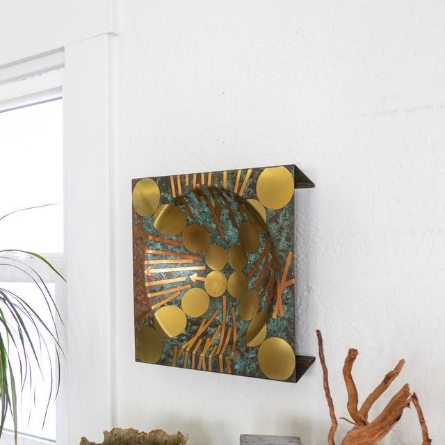 1970s Abstract Postmodern Brutalist Brass Copper and Verdigris Square Sculptural Bowl For Sale - Image 5 of 18
