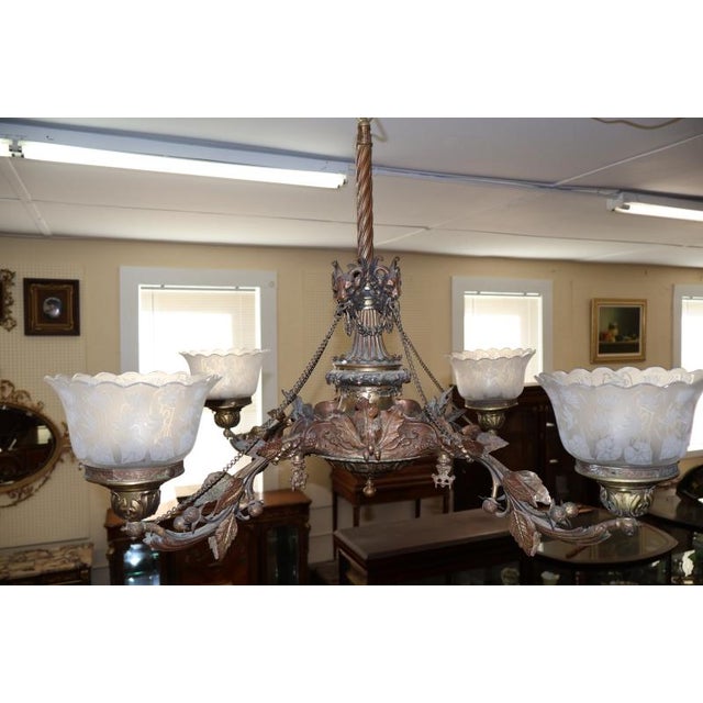 19th Century Bronze 4 Light Etched Glass Shade Gas Chandelier Gasolier For Sale - Image 17 of 18
