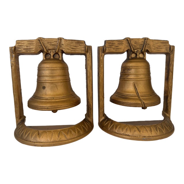 Vintage Cast-Metal Liberty Bell Bookends – Heavy Cast Metal Pair With Blue Felt Base (Mid-20th Century) For Sale