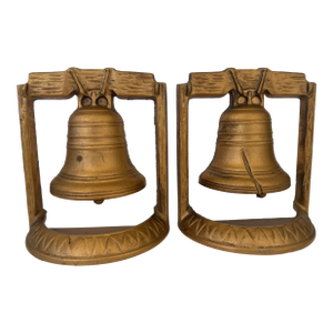 Vintage Cast-Metal Liberty Bell Bookends – Heavy Cast Metal Pair With Blue Felt Base (Mid-20th Century)