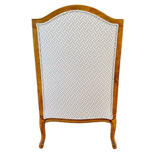 French Provincial Wingback Chairs With Geometric Upholstery Attributed to Baker - A Pair For Sale - Image 18 of 18