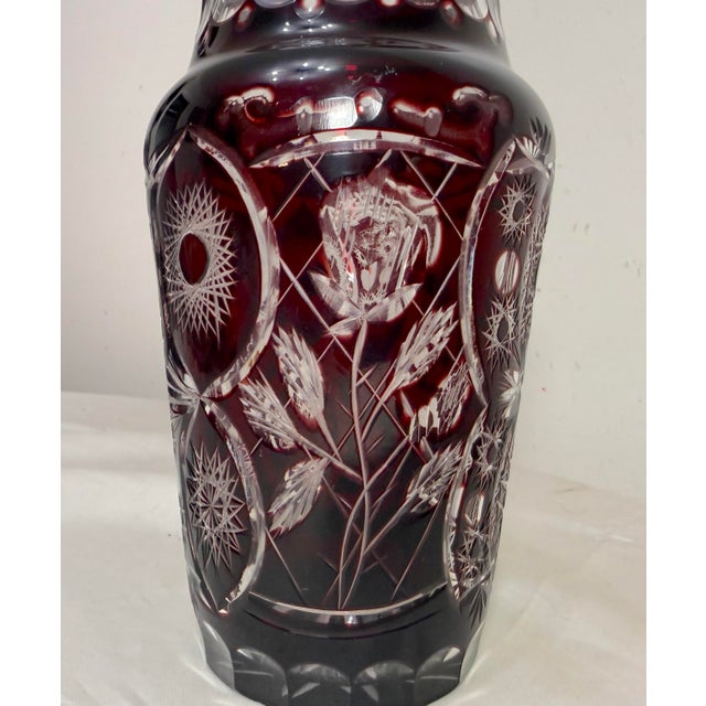 Vintage Handmade Red Cranberry Czech Cut to Clear Crystal Glass Ornate Vase For Sale - Image 4 of 9
