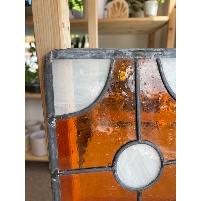 Pair of Vintage Amber and White Stained Glass Window Panels For Sale - Image 9 of 10