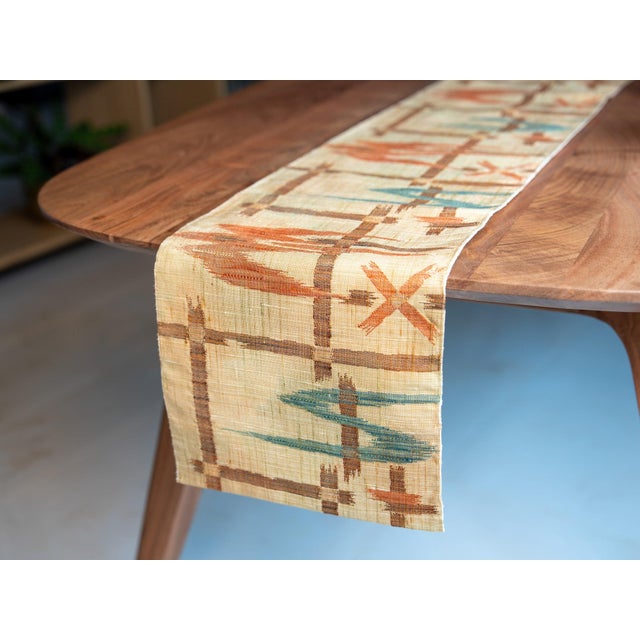 Japanese Asa Linen Table Runner with Kasuri Ikat Grid by Renaras For Sale - Image 4 of 6