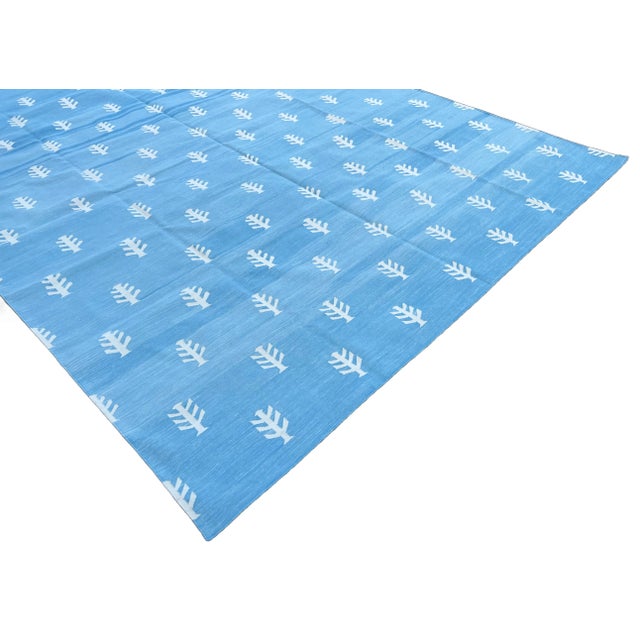 Handmade Cotton Area Rug Natural Vegetable Dyed Sky Blue and White Tree Pattern Dhurrie - 9'x12' For Sale - Image 6 of 10