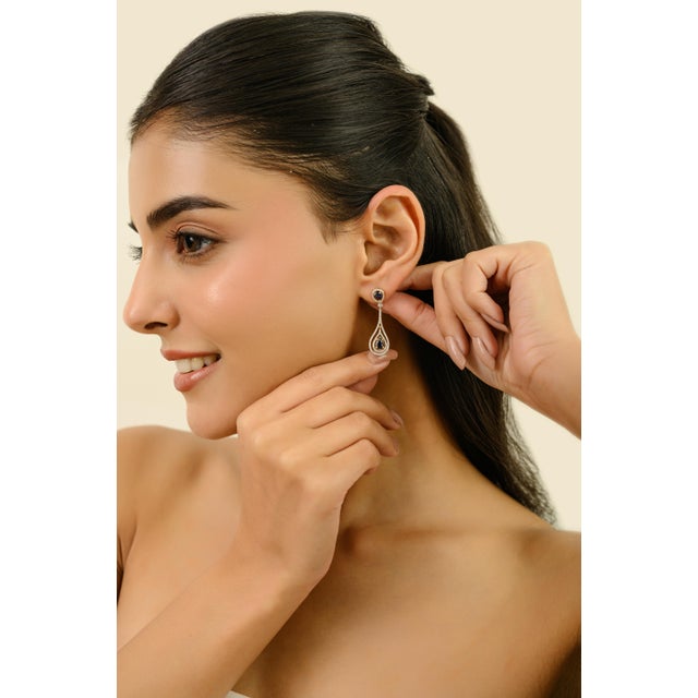 Art Deco Exquisite 1.15Ct Sapphire & Diamond Long Teardrop Dangle Earrings in 18k Gold- A Pair For Sale - Image 3 of 12