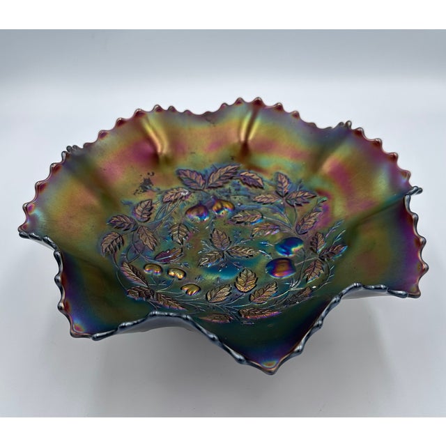 Contemporary Carnival Glass Northwood Three Fruits Medallion Amethyst Footed Bowl For Sale - Image 3 of 9