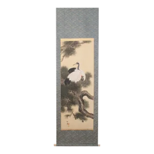 Early 20th Century Meiji to Early Showa Era Japanese Watercolor Scroll "Two Cranes and the Pine Tree"