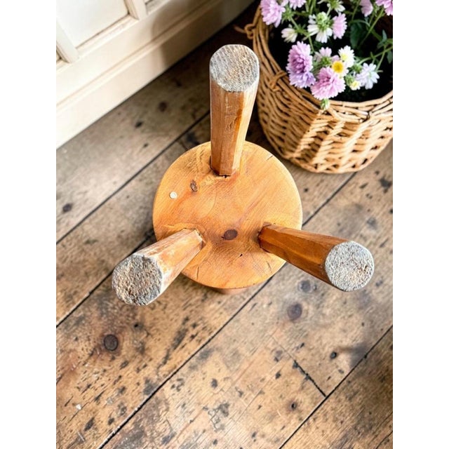 Early 20th Century Primitive Pine Wood Milking Stool-Rustic Farmhouse-Plant Stand-Country-Cottage For Sale - Image 9 of 10