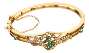 1900-1909 Victorian Emerald Seed Pearl 14k Yellow Gold Bangle