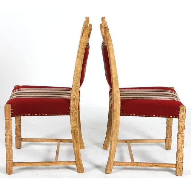 Mid-Century Modern 1960s Set 8 Danish Mid Century Dining Chairs Carved Oak & Striped Upholstery For Sale - Image 3 of 9