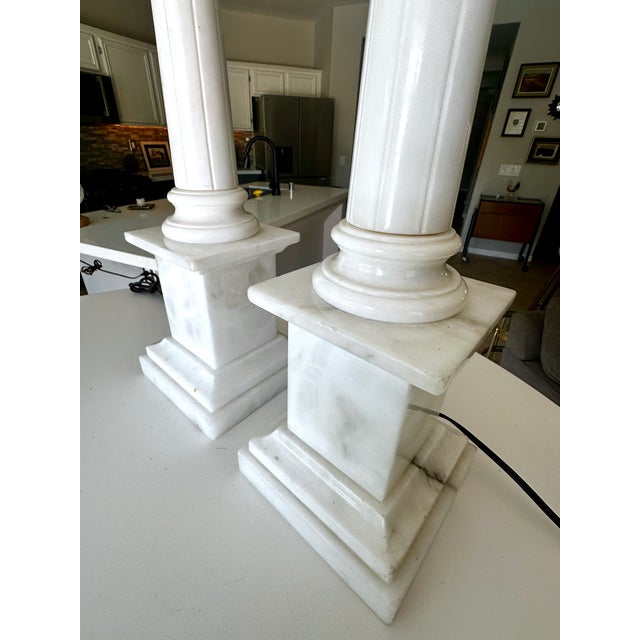 1960s Tall Italian Column Neoclassic Alabaster Table Lamps - a Pair For Sale - Image 16 of 18
