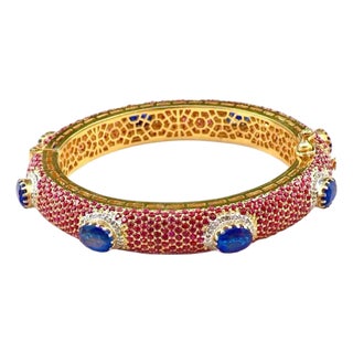 Bochic “Capri” Vintage Ruby, Sapphire & Diamond Bangle Set In 18K Gold & Silver For Sale