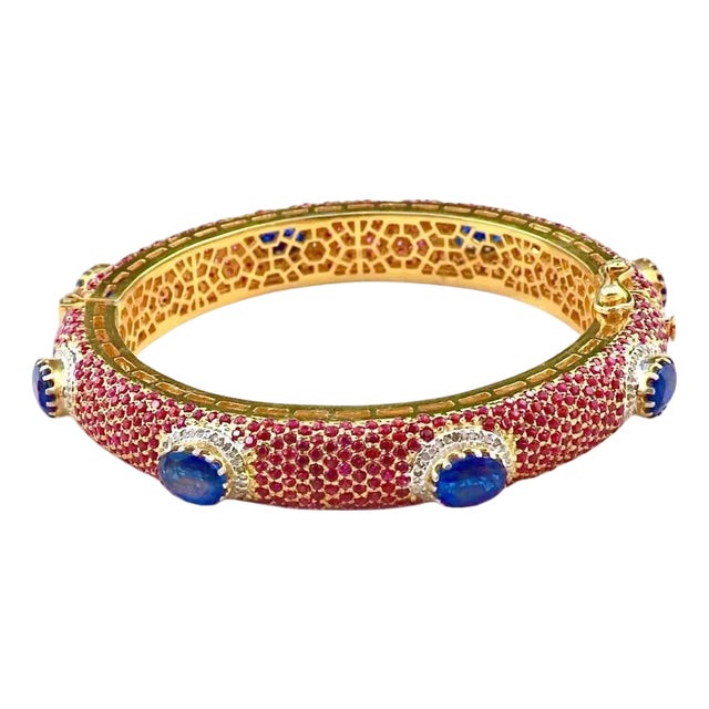 Bochic “Capri” Vintage Ruby, Sapphire & Diamond Bangle Set In 18K Gold & Silver For Sale