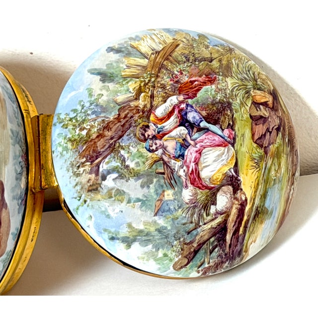 Metal 19th Century French Limoges Enamel Dresser Box with Rococo Pastoral Scenes For Sale - Image 7 of 13