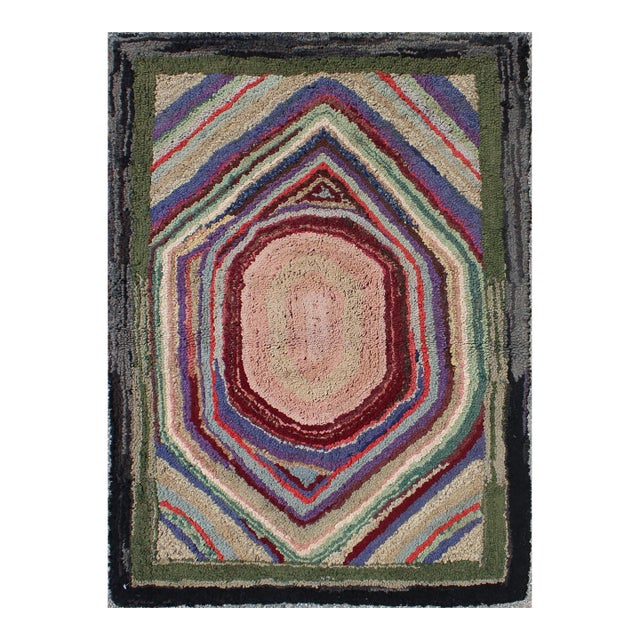 Antique Multicolor American Hooked Rug in Layered Diamond Design & Geometric For Sale