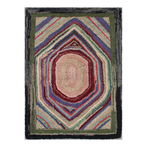 Antique Multicolor American Hooked Rug in Layered Diamond Design & Geometric