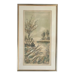 Mid Century French Artist Aime" Daniel Steinlen Lithograph - Boat on a Pond Signed and Numbered
