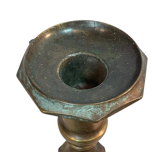 Antique Brass Candlesticks With Patina 15” - A Pair For Sale - Image 13 of 13