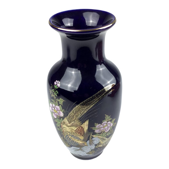 Vintage Cobalt Porcelain Hand Painted Vase Japan For Sale