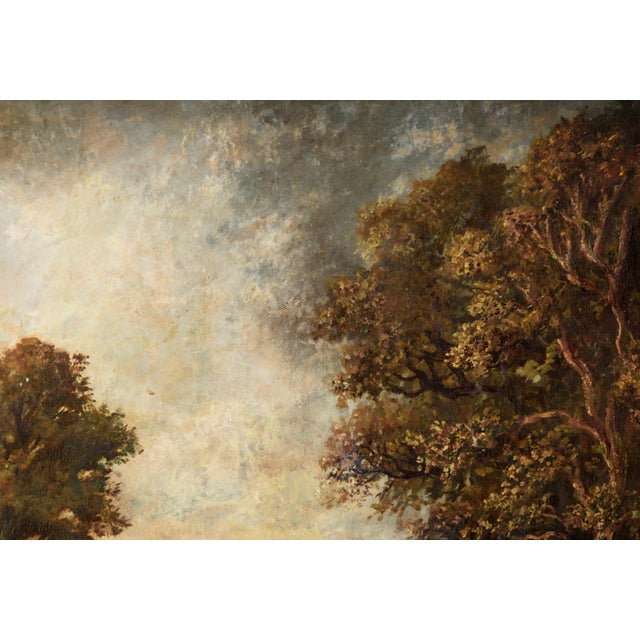 Rich and detailed country landscape by an unknown artist (19th Century). A grove of large oak trees is carefully rendered...