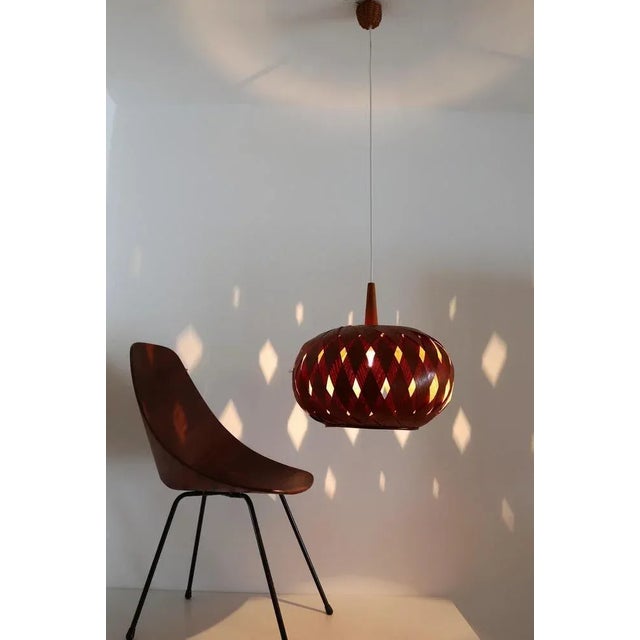 1960s Organic Modernist Natural Teak Wood Veneer and Wicker Pendant Lamp, 1960s For Sale - Image 5 of 18