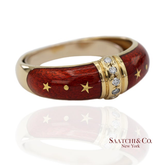 18K Yellow Gold Red Enamel Diamond Ring Metal Type: 18k Yellow Gold Total Item Weight: 4.4 Grams Ring Size: 5-7.5...