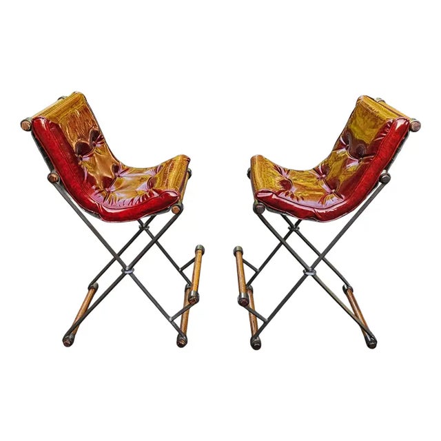 Burgundy Mid 20th Century Pair of Campaign "X" Wrought Iron and Oak Bar Stools Attributed to Cleo Baldon for Terra of California For Sale - Image 8 of 11