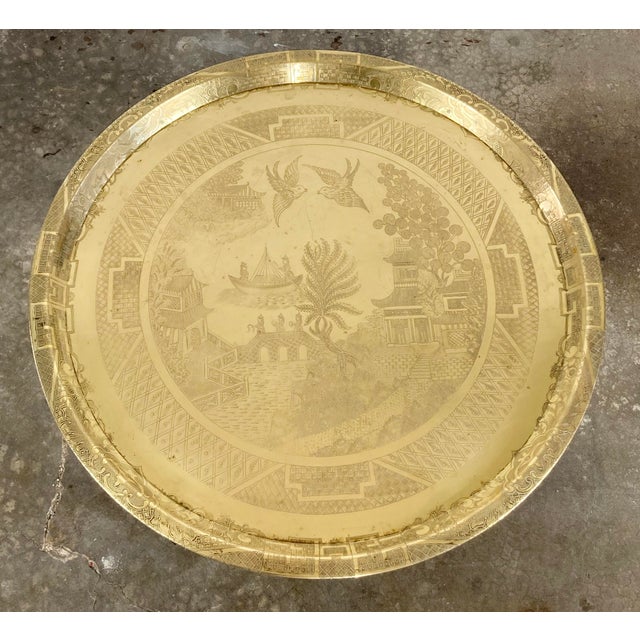 Mid 20th Century Vintage Engraved Blue Willow Pattern Brass Tray Table For Sale - Image 5 of 9