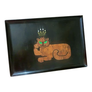 Vintage Couroc of Monterey Green Eye Cat Tray For Sale