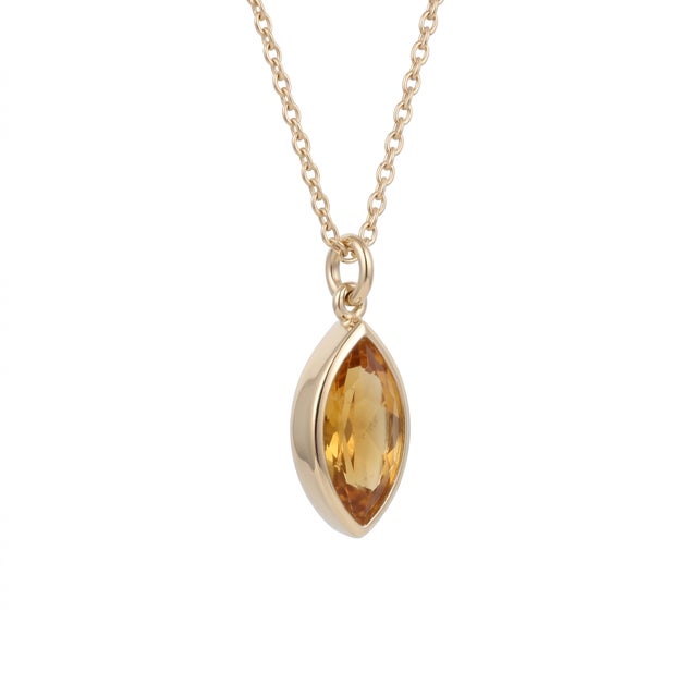 Contemporary Genuine Marquise Citrine Necklace – Minimalist Bezel Set Golden Gemstone Solitaire Pendant For Sale - Image 3 of 5